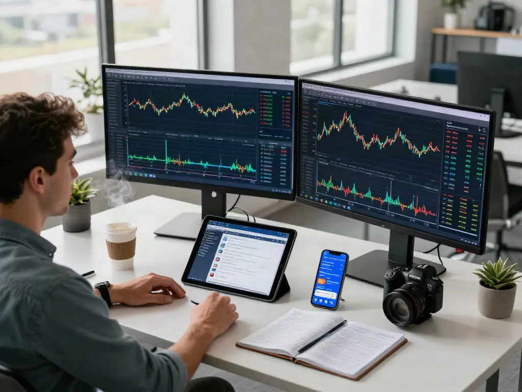 Analyse des marchés sur la plate-forme la-essorinvexaro.com dans un bureau moderne avec des graphiques et des alertes en temps réel.
