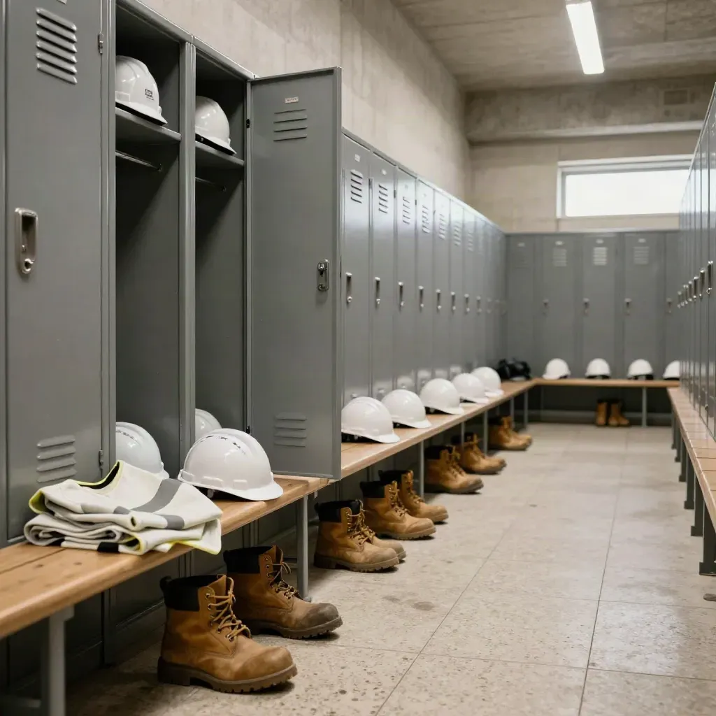 Vestiaire saisonnier avec casiers entrouverts, casques rangés, bottes sèches et gilets pliés.