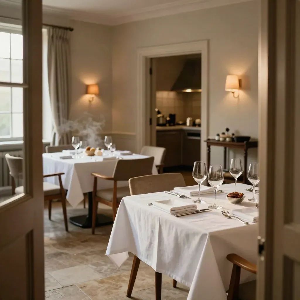 Salle de petit-déjeuner d’hôtel remise en place, verres polis, couverts alignés, chariot discret