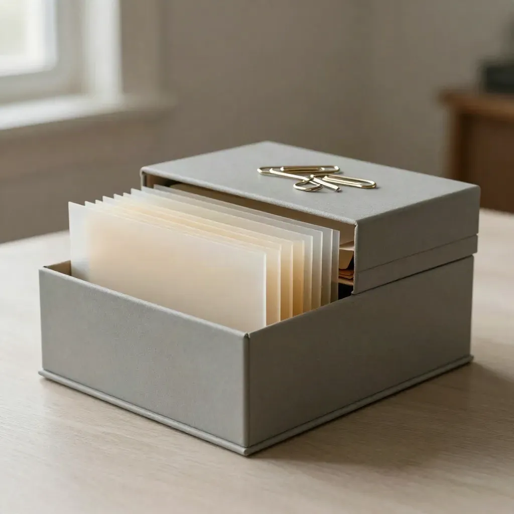Boîte d’archives, intercalaires et pochettes translucides sur bois pâle, lumière douce latérale.