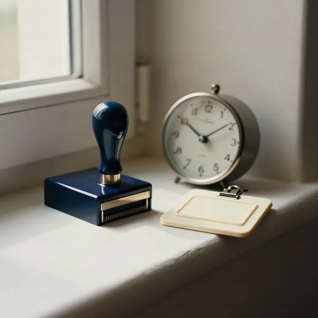 Tampon fermé, horloge miniature, badge scellé et clip métal sur étagère en plâtre clair.