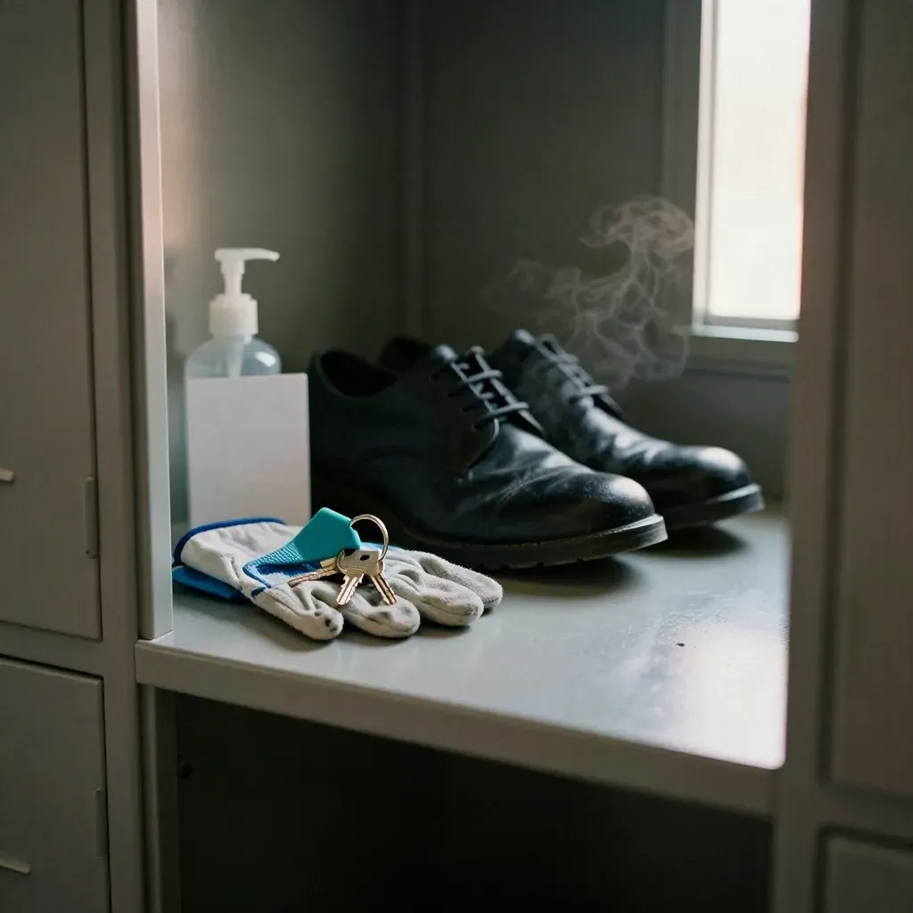 Casier de vestiaire, chaussures de service, clés, gel et gant plié sur pierre neutre.