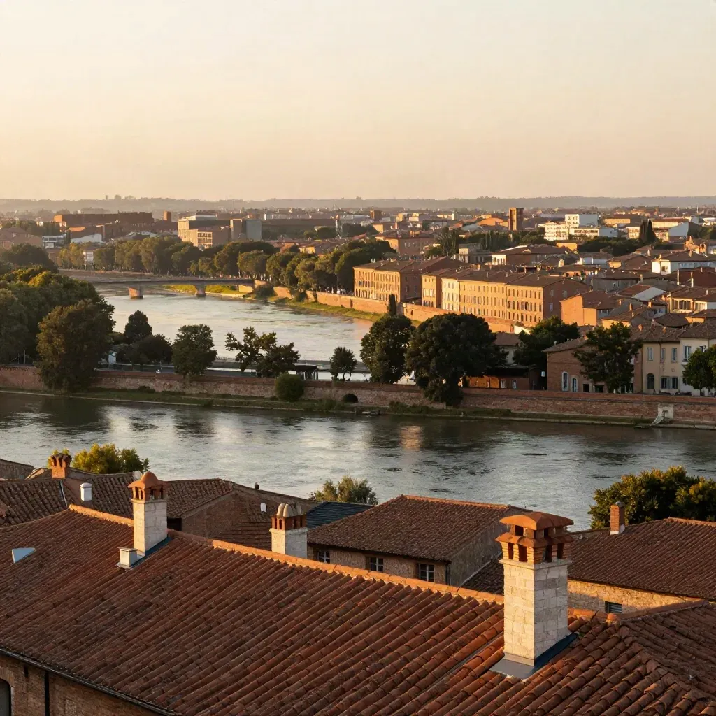 Vue dorée de Toulouse au-dessus de la Garonne, toits de brique rose et horizon d’Occitanie.