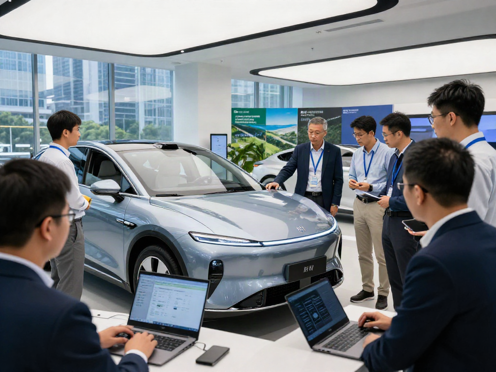 Iron tv pro showcases innovative automotive design, highlighting a collaborative team in a modern showroom.